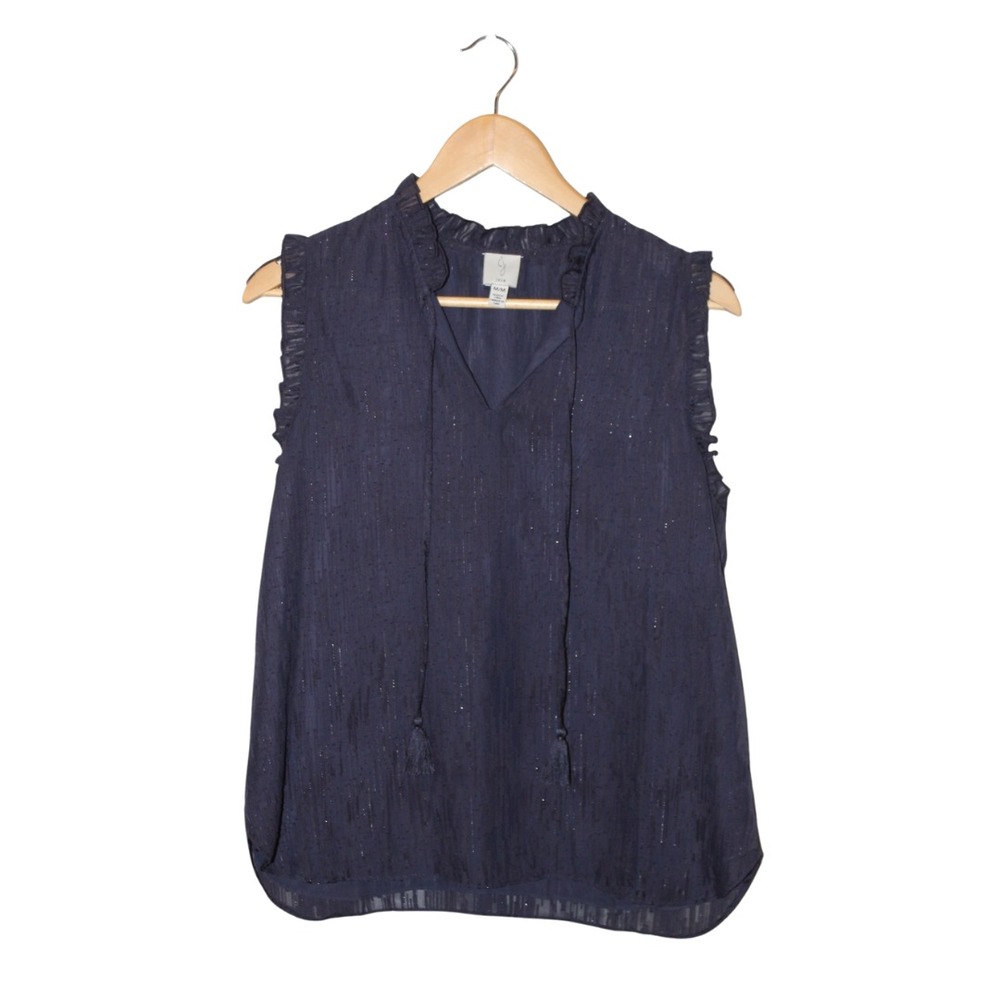 Joie‎ Sheer Metallic Sleeveless Shirt Sz M Blue Silver Ruffle